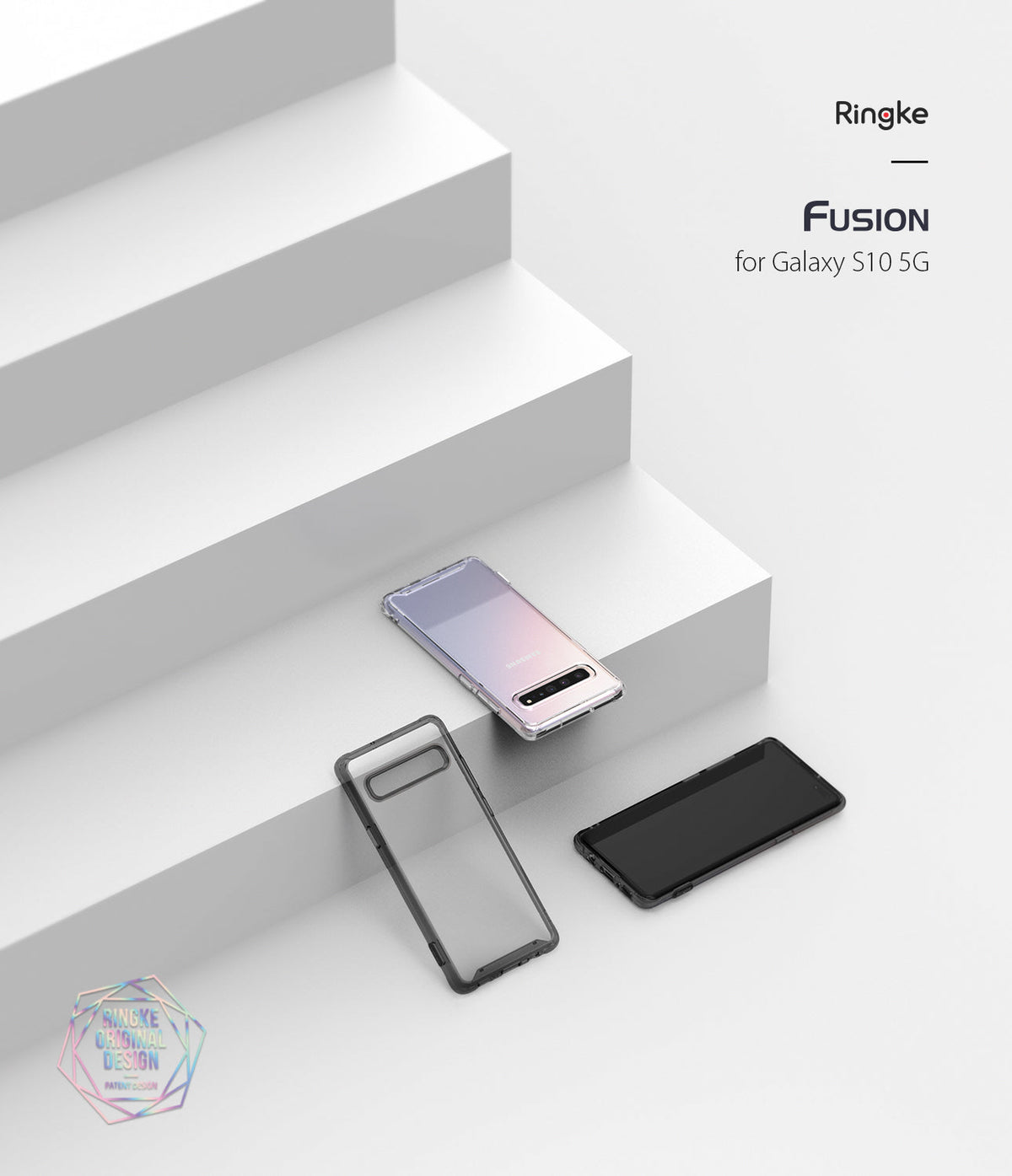 Galaxy S10 5G Case | Fusion - Clear phone case on a Galaxy S10 5G, with an empty case and a phone screen displayed on steps.