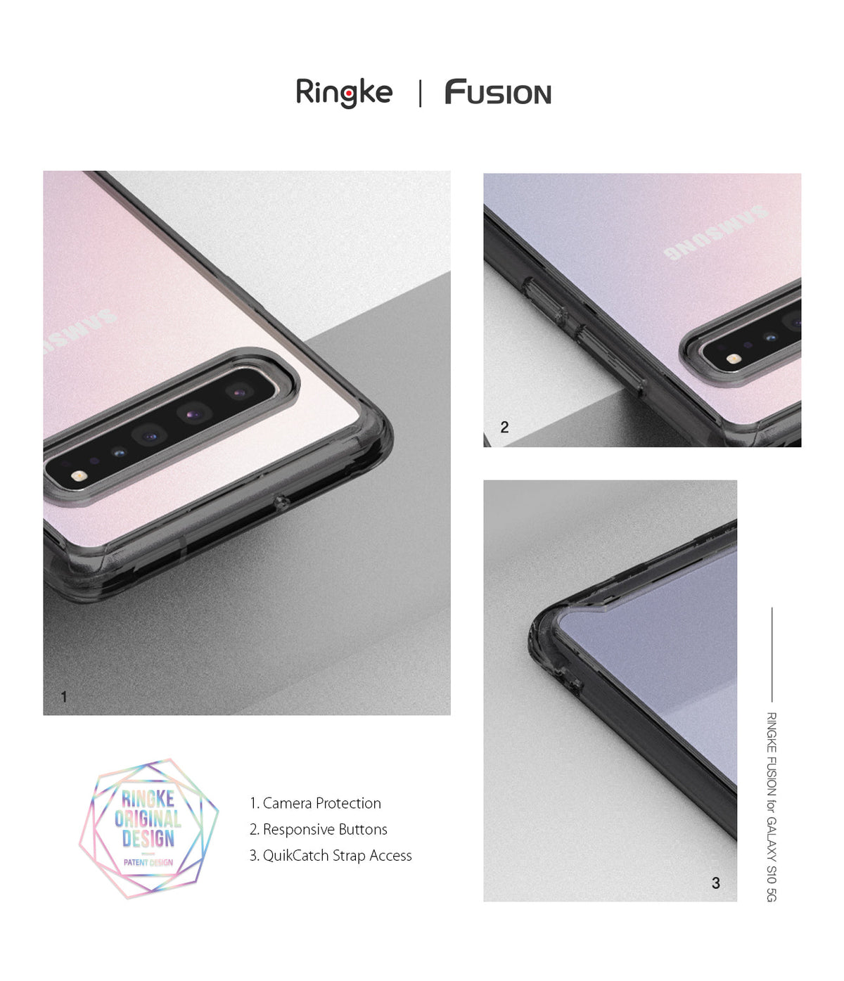Galaxy S10 5G Case | Fusion - Three close-up views of a phone case highlighting camera protection, buttons, and strap access.