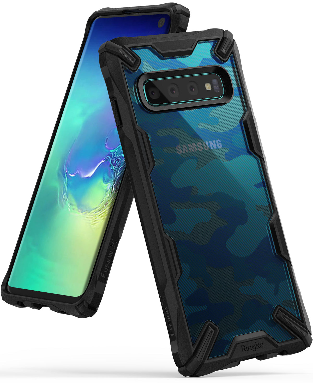 Galaxy S10 Case | Fusion-X Design - Blue camo phone case with black rugged bumper frame on a Samsung Galaxy S10.