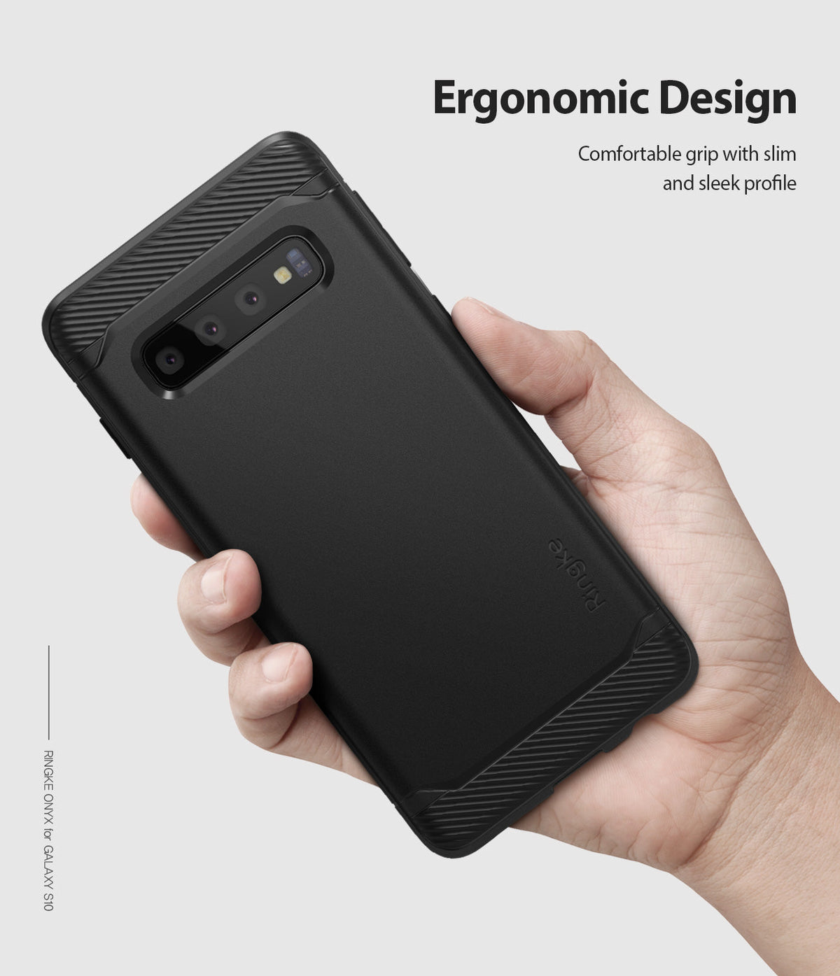Galaxy S10 Case | Onyx - Hand holding a black Galaxy S10 phone in a textured, slim-profile Onyx protective case.