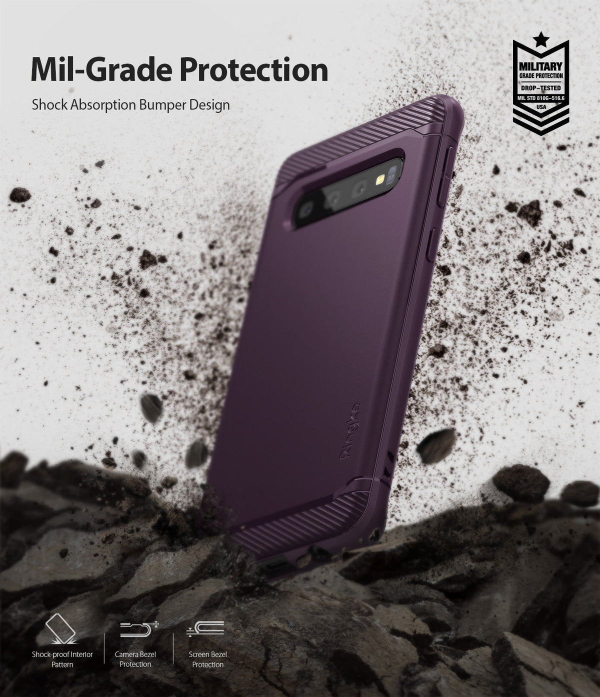 Galaxy S10 Case | Onyx - Purple phone case with textured bumpers floating above debris, featuring military-grade drop protection.