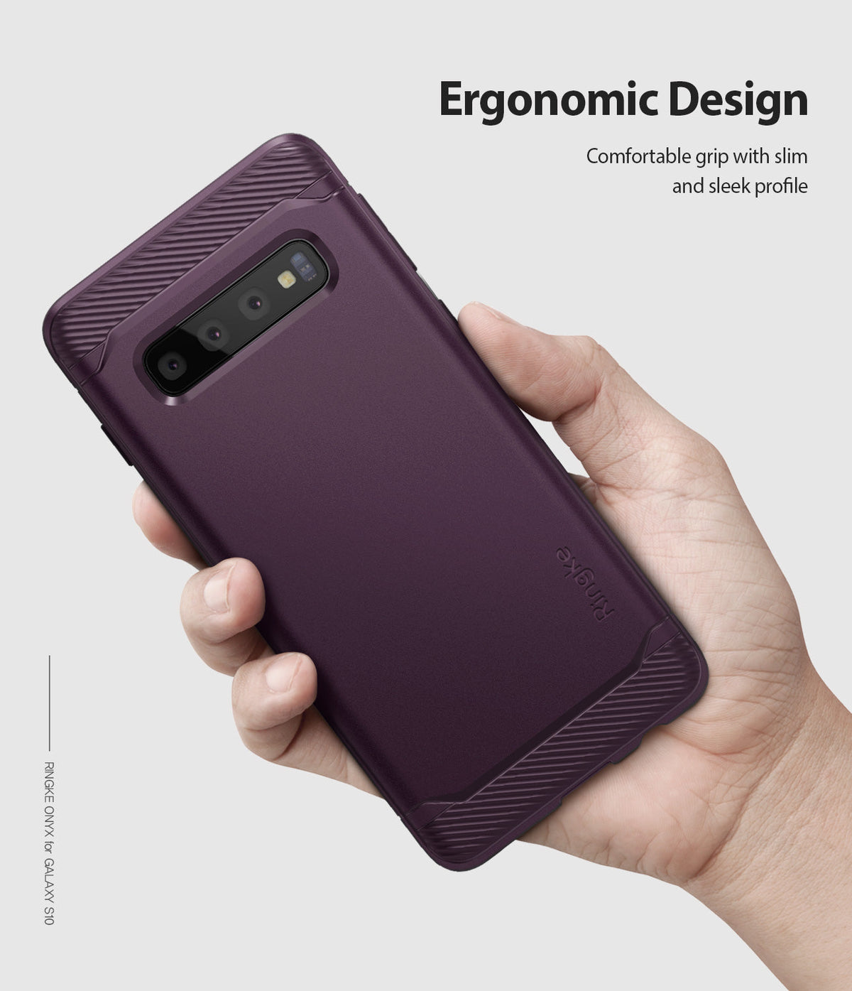 Galaxy S10 Case | Onyx - A hand holding a purple Galaxy S10 with a textured Onyx case featuring an ergonomic design.