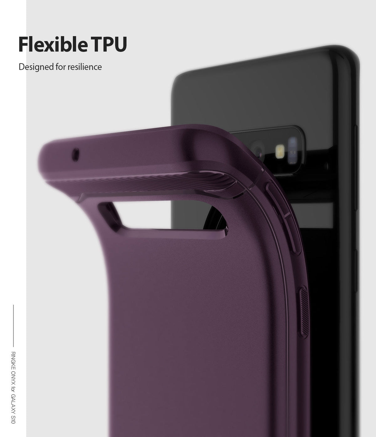 Galaxy S10 Case | Onyx - A flexible purple TPU phone case being pulled away from a black Galaxy S10 smartphone.