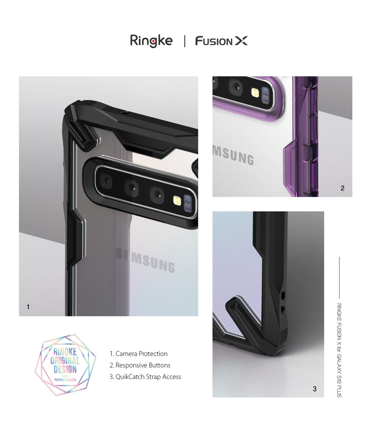 Galaxy S10 Plus Case | Fusion-X - Three close-up views showing camera protection, responsive buttons, and strap access.