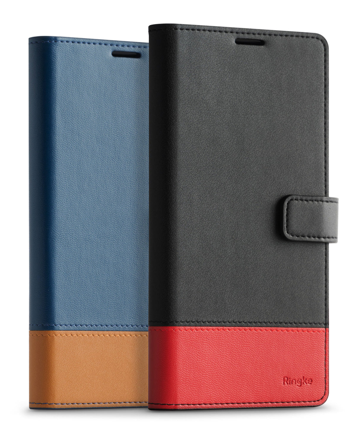 Galaxy S10e Case | Wallet - Two leather wallet cases in blue/tan and black/red with magnetic closures on a white background.