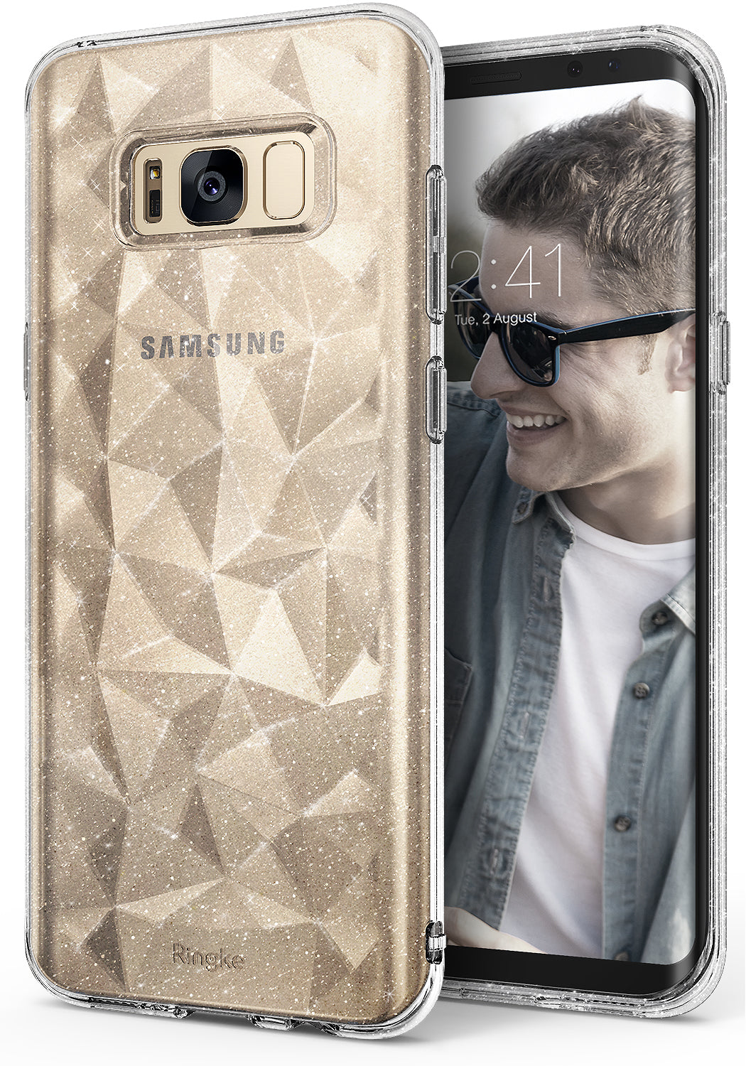 Galaxy S8 Case | Air Prism - Clear, glittery gold phone case with a geometric prism pattern on a Samsung Galaxy S8.