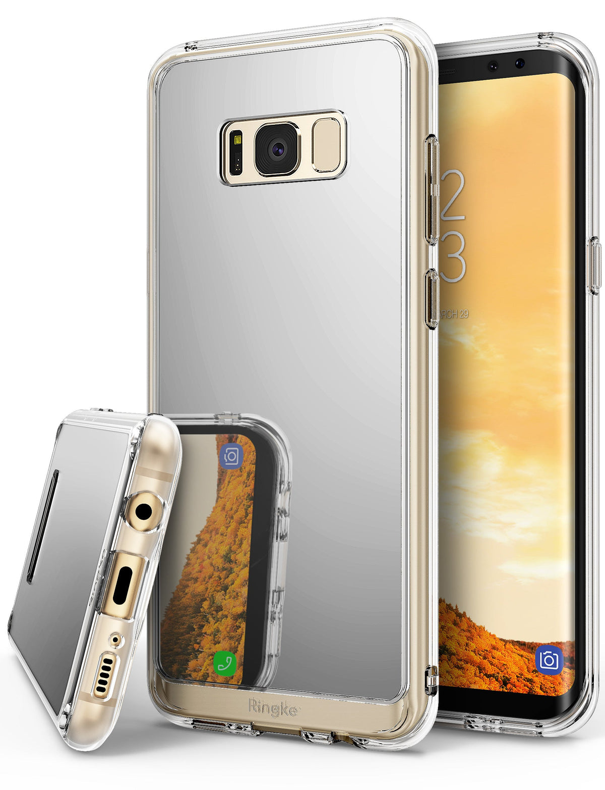 Galaxy S8 Plus Case | Mirror - Silver reflective phone case with clear edges shown from back and bottom angles on a smartphone.