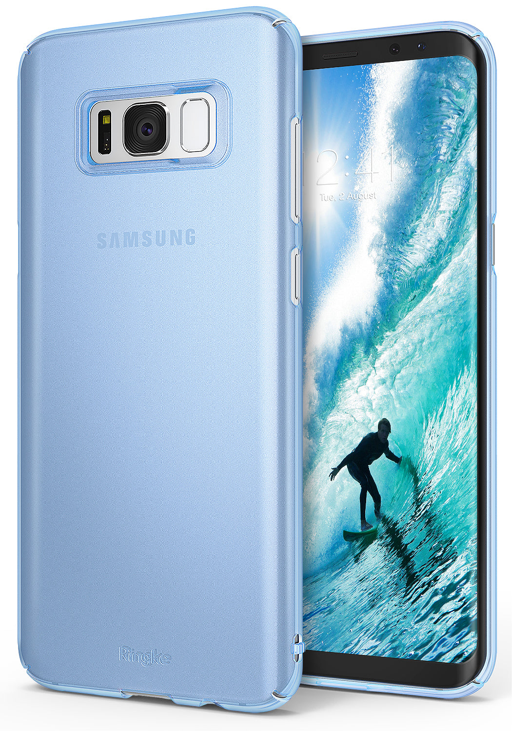 Galaxy S8 Plus Case | Slim - Frost blue slim phone case shown from back and front with a surfer wallpaper on the screen.