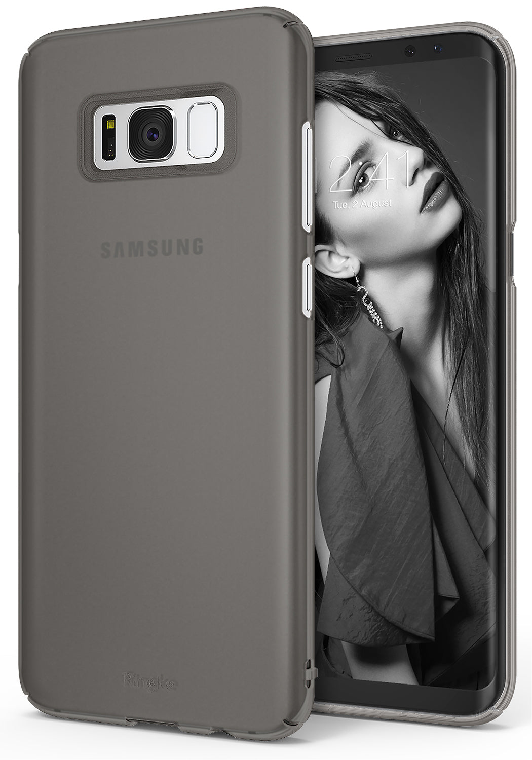 Galaxy S8 Plus Case | Slim - Frost gray slim phone case on a Samsung Galaxy S8 Plus displaying a woman on the screen.