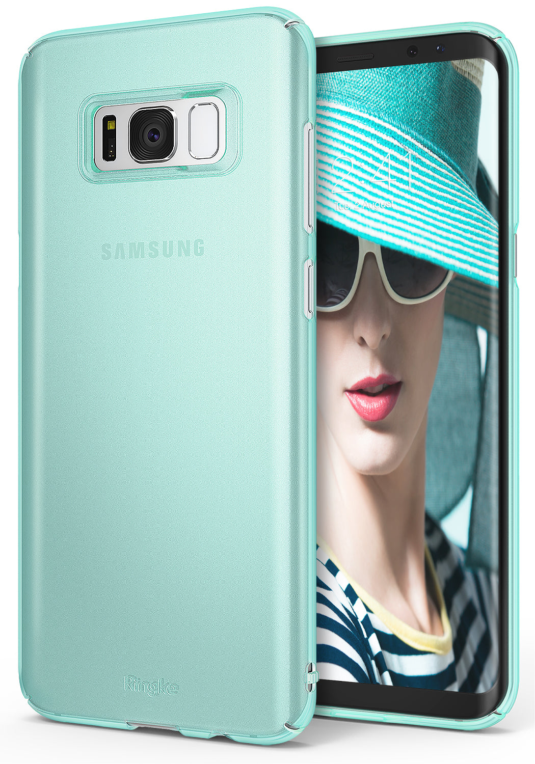 Galaxy S8 Plus Case | Slim - Mint green slim phone case shown from the back and front with a woman on the screen.