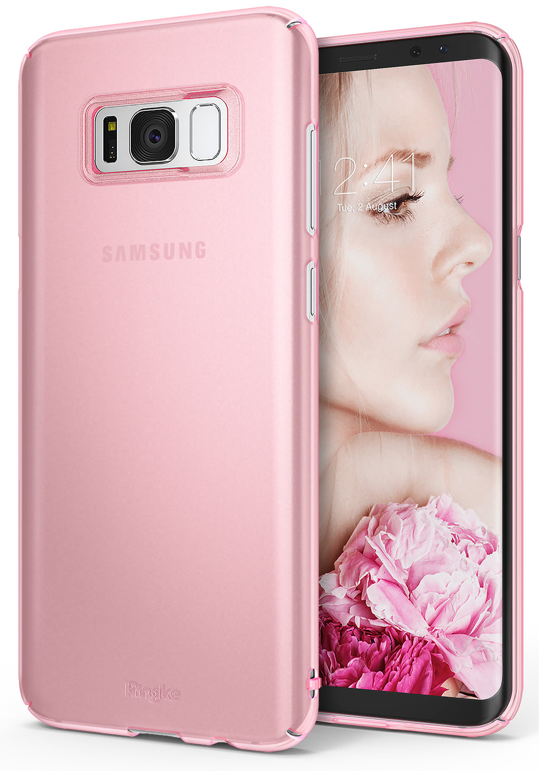 Galaxy S8 Plus Case | Slim - Pink slim-fit phone case on a Samsung Galaxy S8 Plus displaying a woman with flowers on screen.