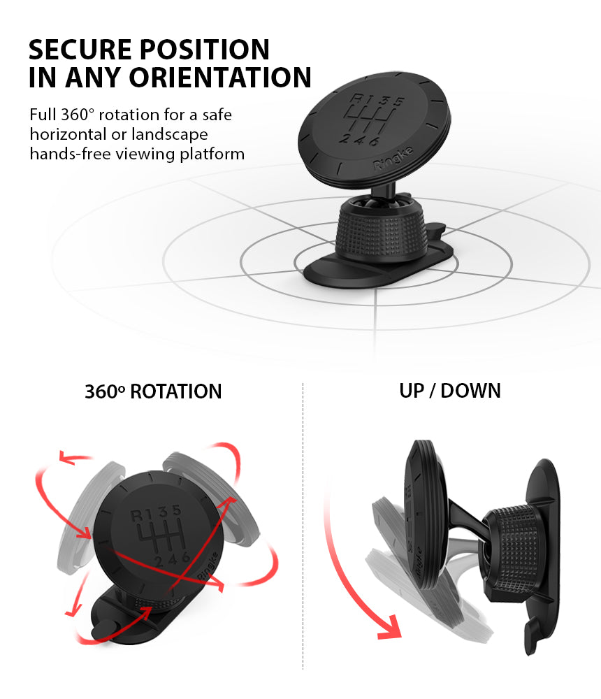 Magnetic Gear Car Mount - Black magnetic phone mount with a gear-shift pattern, showing 360-degree rotation and tilt.
