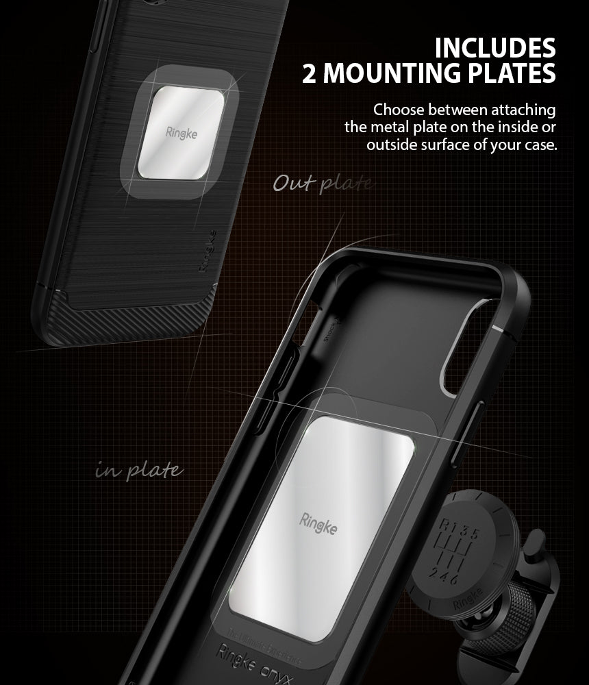 Magnetic Gear Car Mount - Two phone cases showing metal mounting plates attached to the exterior and interior surfaces.