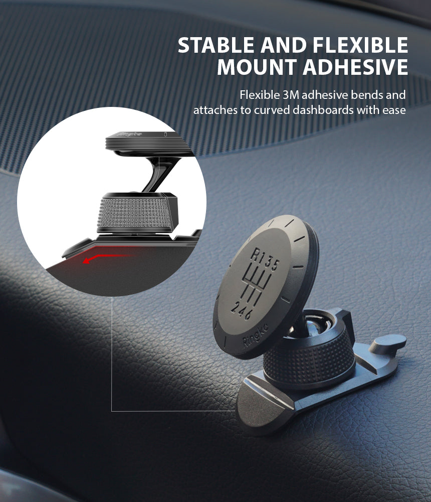 Magnetic Gear Car Mount - Gear-shift knob style magnetic phone mount attached to a curved car dashboard with 3M adhesive.
