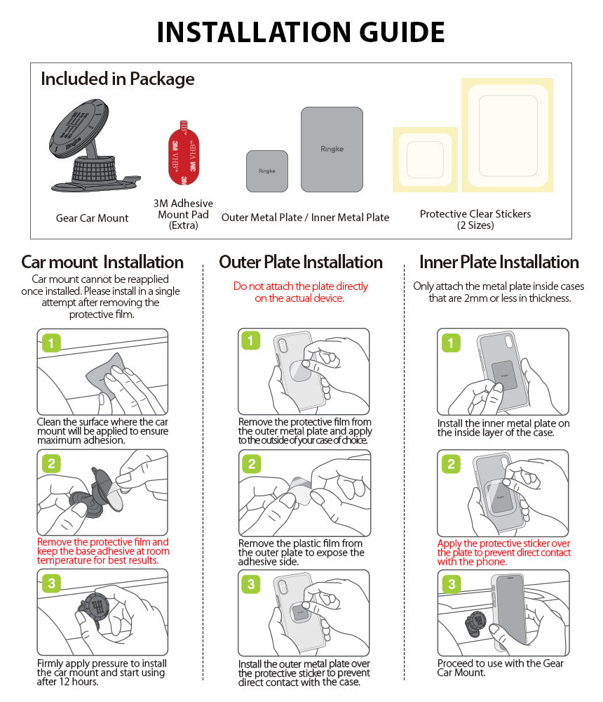Magnetic Gear Car Mount - Installation guide showing included parts and step-by-step instructions for mounting and plates.