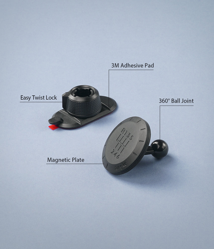 Magnetic Gear Car Mount - Two-piece car mount with a gear-shift knob magnetic plate, twist lock base, and adhesive pad.