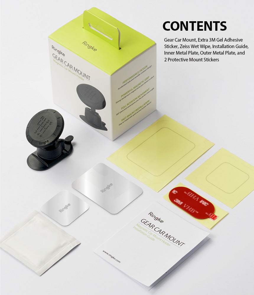 Magnetic Gear Car Mount - Car mount, packaging, metal plates, adhesive stickers, and installation guide on a white surface.