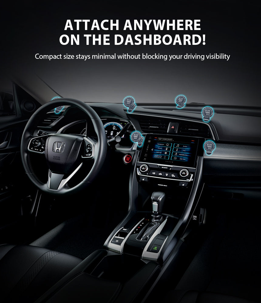Magnetic Gear Car Mount - Car dashboard showing multiple potential mounting locations for a compact gear-shaped phone holder.