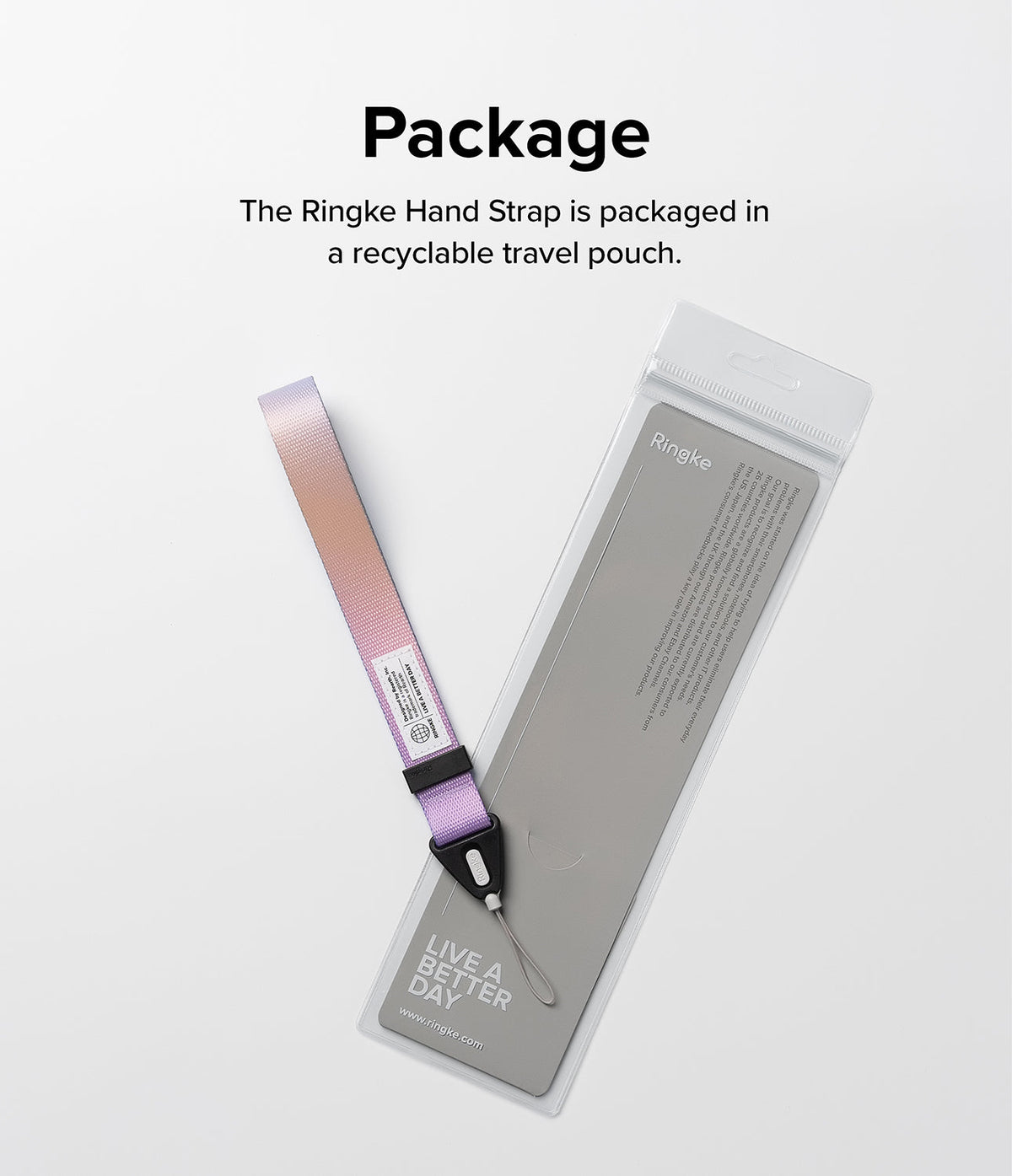 Hand Strap | Basic - A purple and pink gradient hand strap next to its clear, recyclable plastic retail packaging.