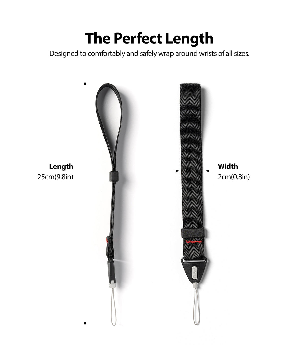 Hand Strap | Black / Neon Orange - Diagram showing a black wrist strap with 25cm length and 2cm width measurements.