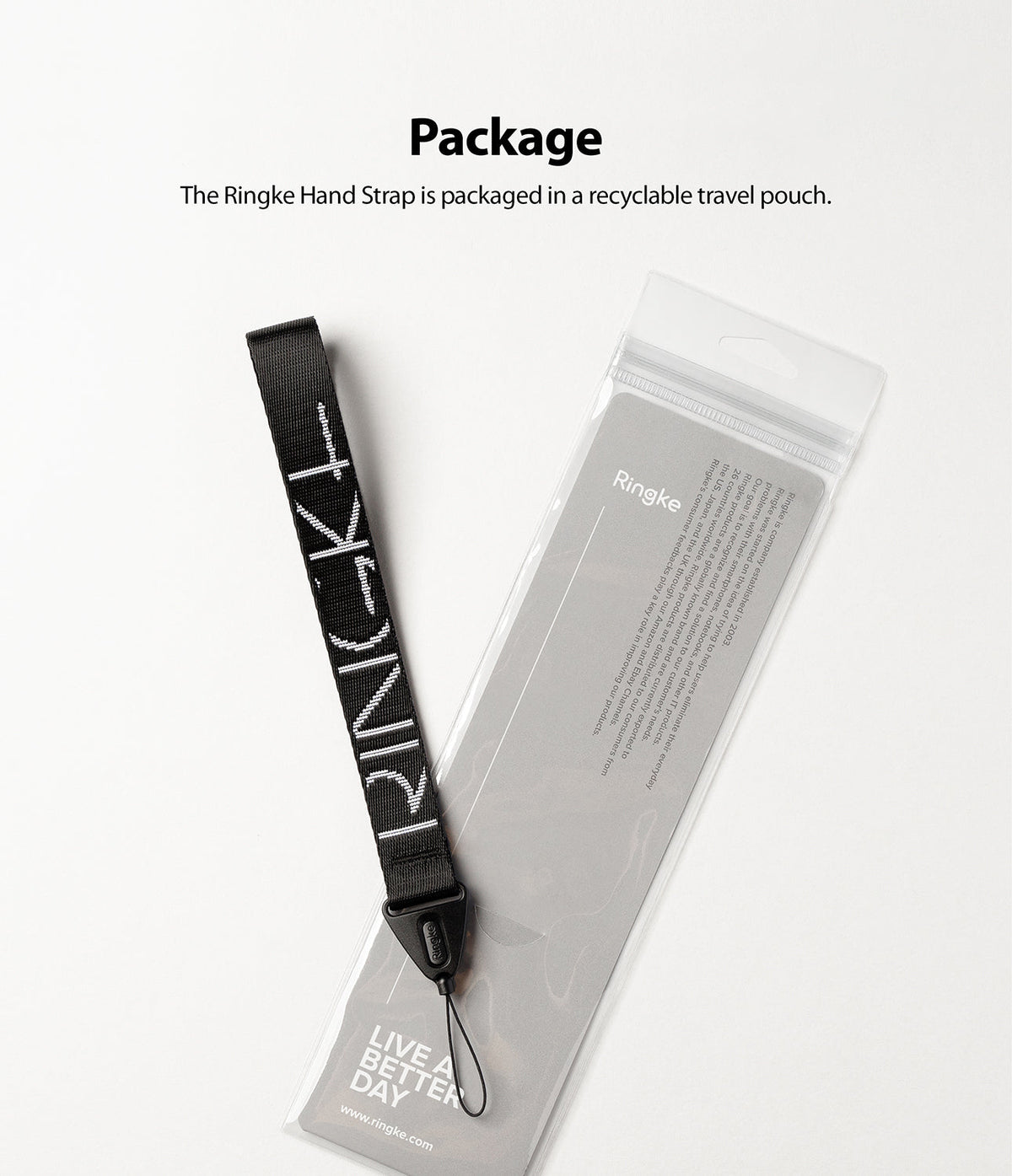 Hand Strap | Lettering - Black hand strap with white Ringke logo next to its clear, branded recyclable packaging pouch.