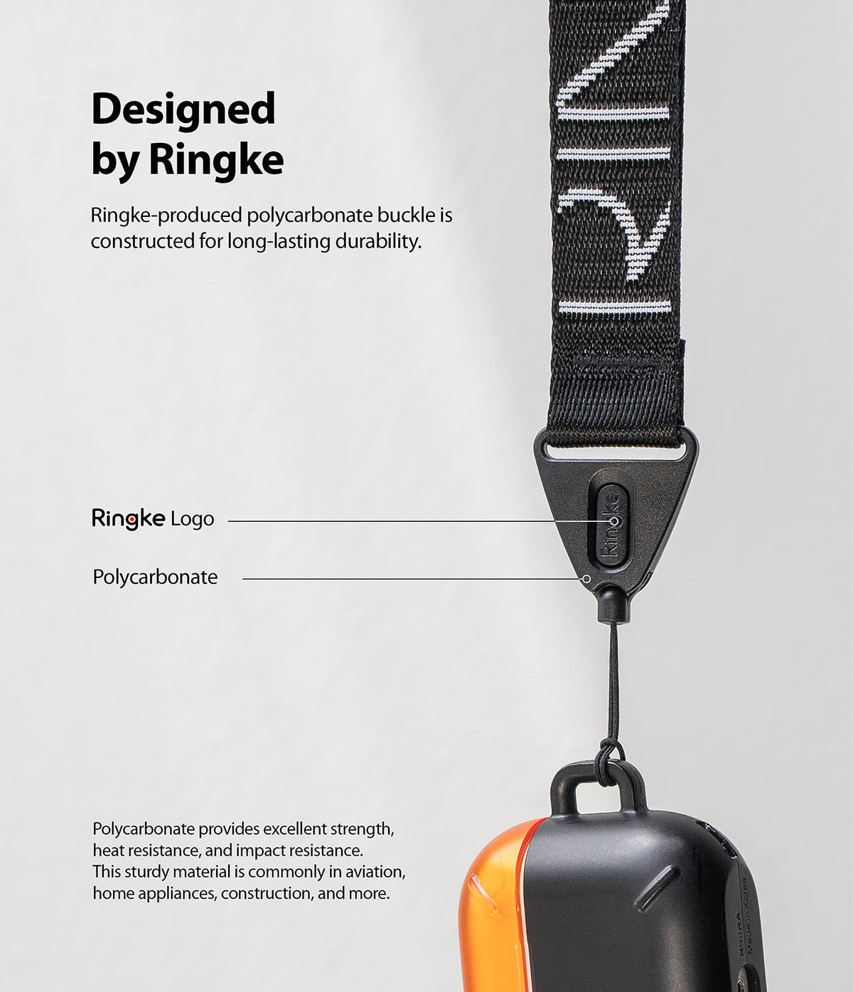 Hand Strap | Lettering - Black strap with white text connected to a durable polycarbonate buckle with Ringke branding.