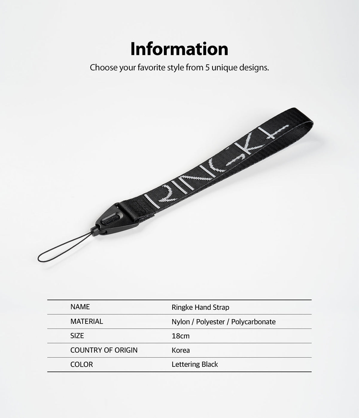 Hand Strap | Lettering - Black Ringke hand strap with white lettering and a specification table on a white background.