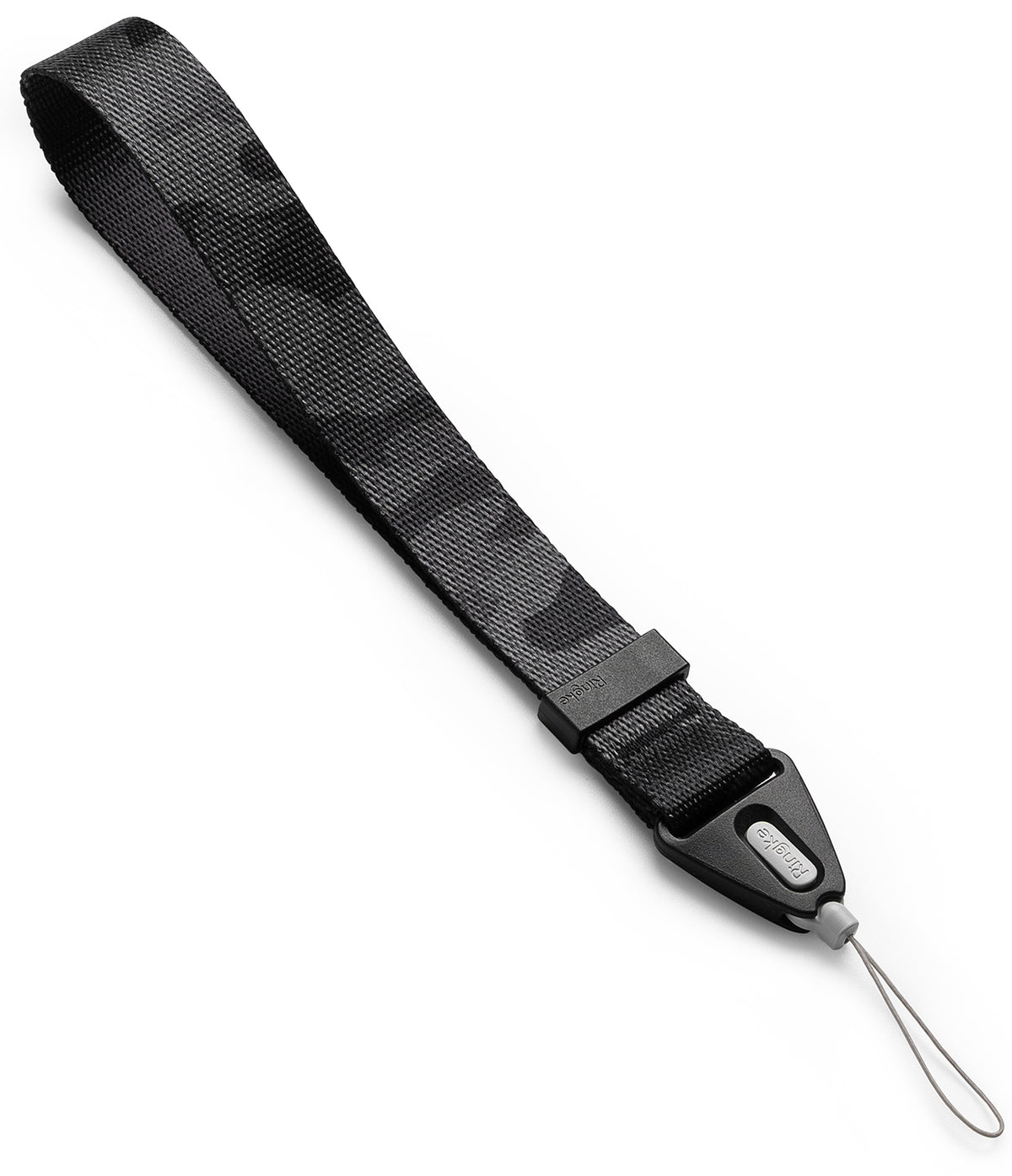 Hand Strap | Basic - Black camouflage patterned nylon wrist strap with a branded plastic connector and thin loop attachment.