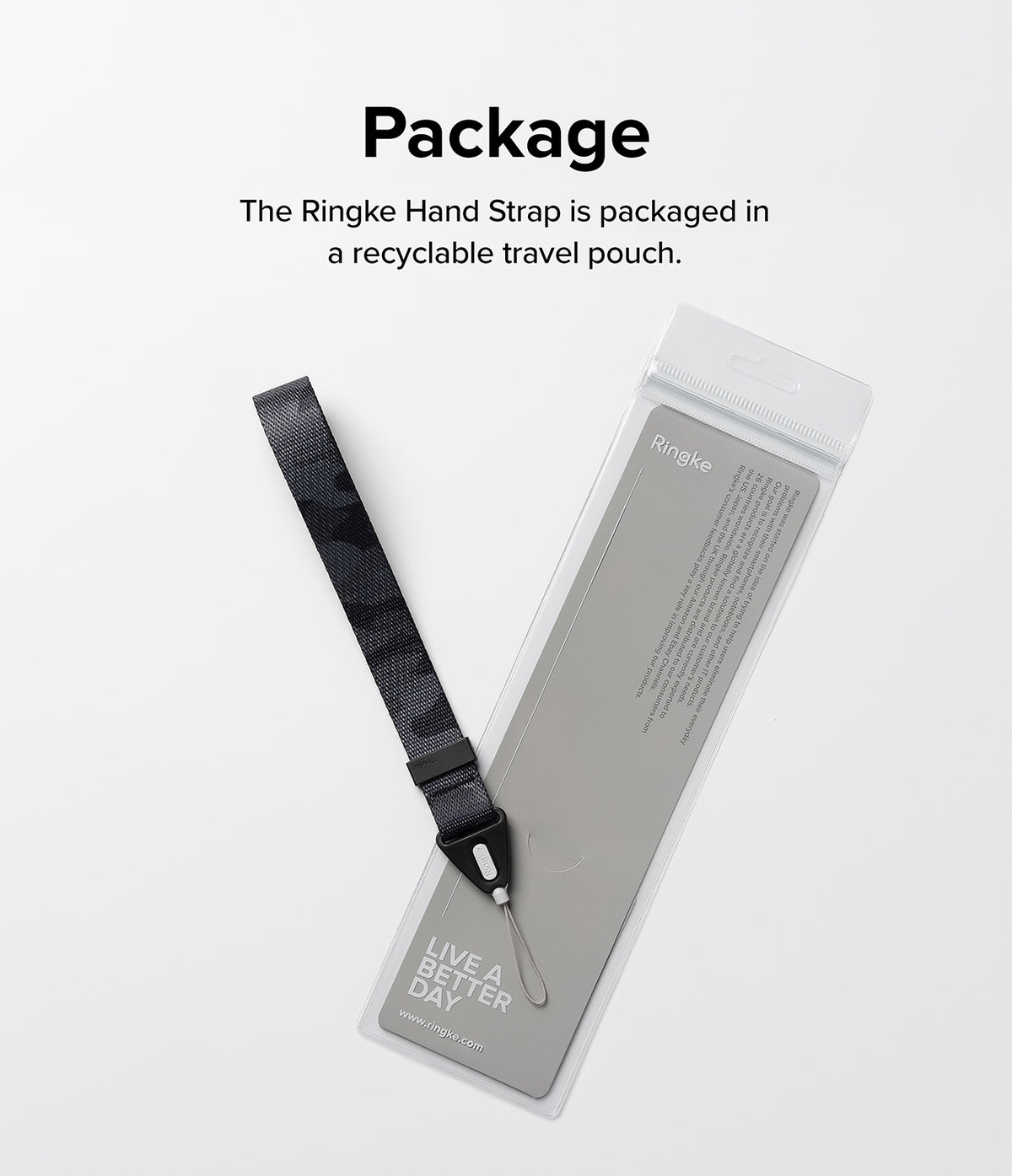 Hand Strap | Basic - A black camouflage hand strap next to its clear, recyclable retail packaging on a white background.