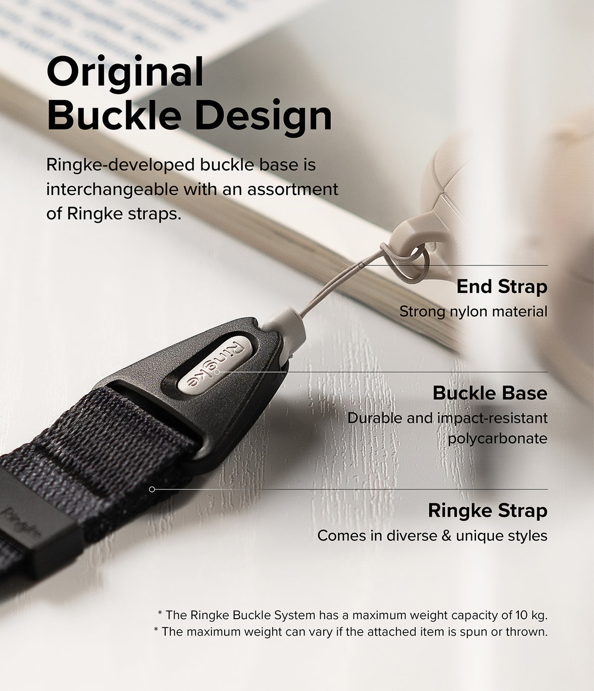 Hand Strap | Basic - Close-up of a Ringke hand strap showing the nylon end strap, polycarbonate buckle base, and fabric strap.