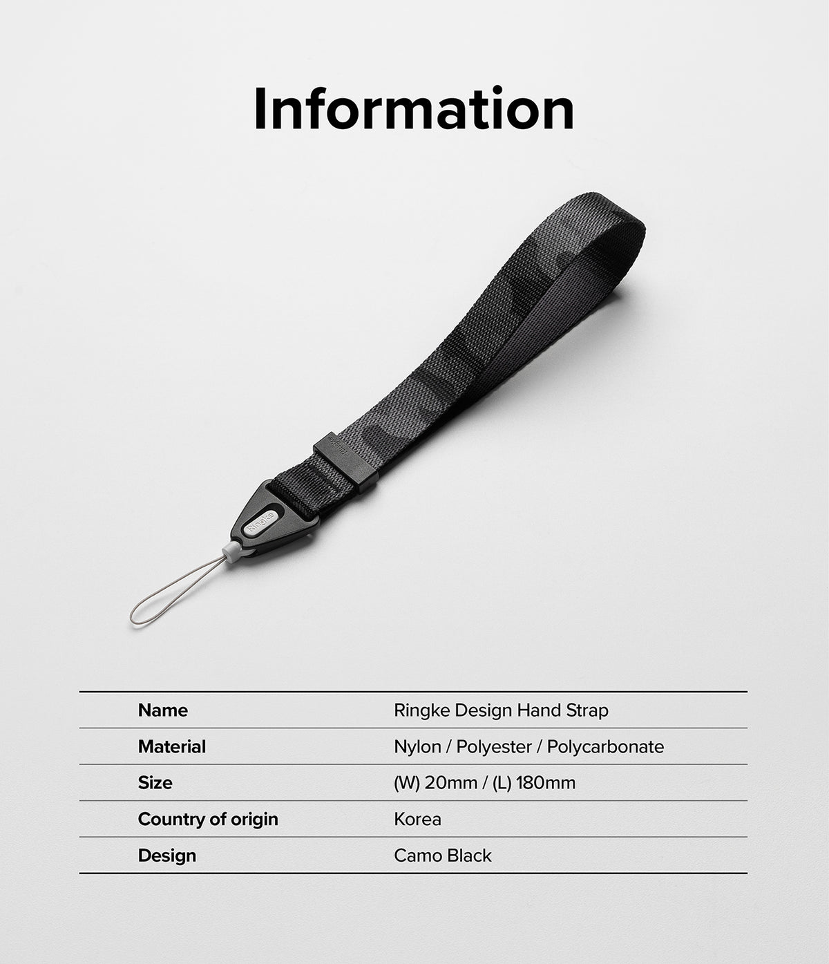 Hand Strap | Basic - Camo black nylon hand strap with a black plastic connector and product information table below.