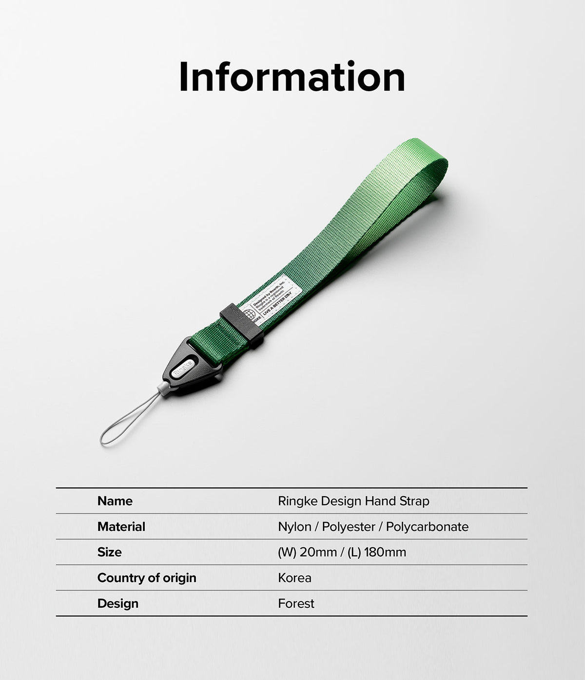 Hand Strap | Basic - Forest green nylon hand strap with a black plastic connector and product information table below.
