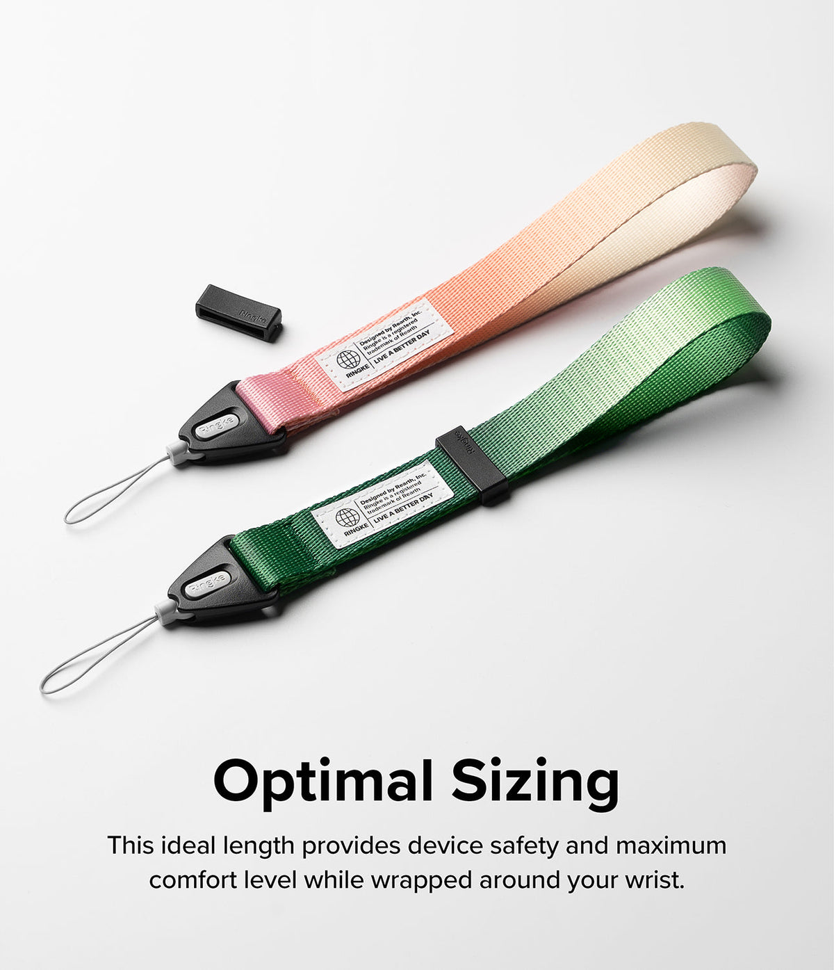 Hand Strap | Basic - Two fabric wrist straps in pink-to-beige and green gradients with black connectors on a white background.