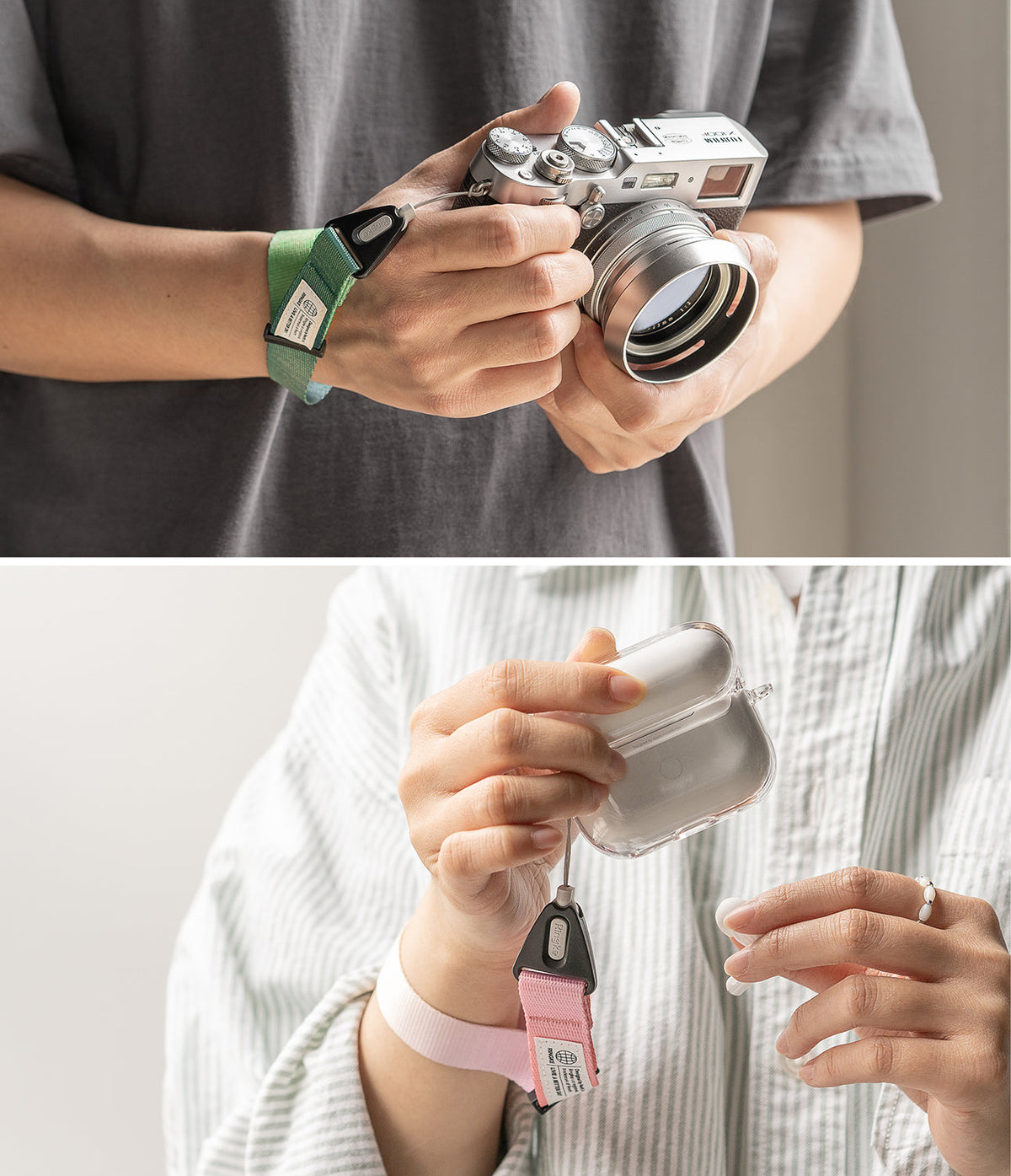 Hand Strap | Basic - A green strap on a camera and a pink strap on an earbud case, both worn around the wrist.