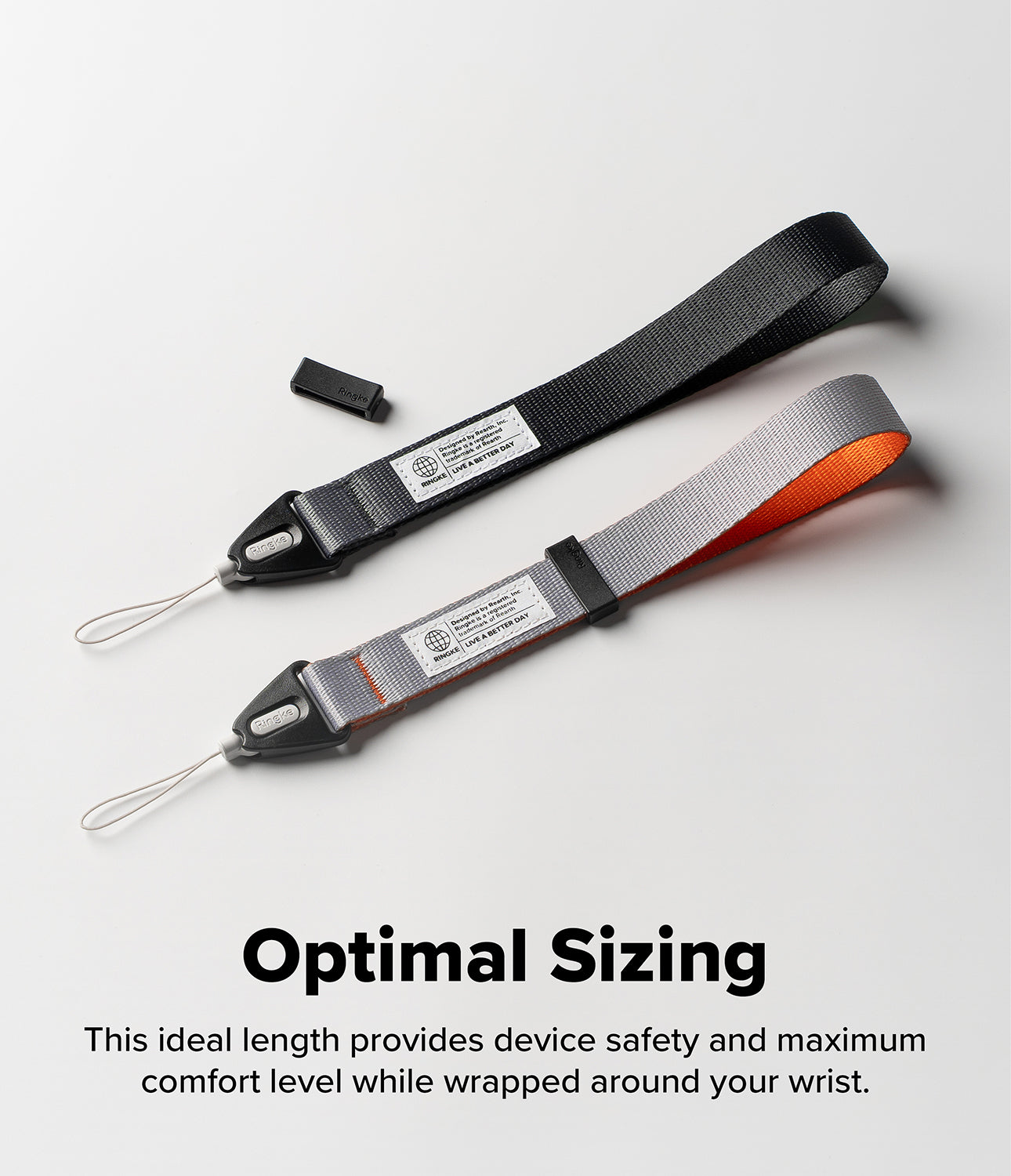 Design Hand Strap - Two adjustable wrist straps in black and grey with Ringke branding and white attachment loops.