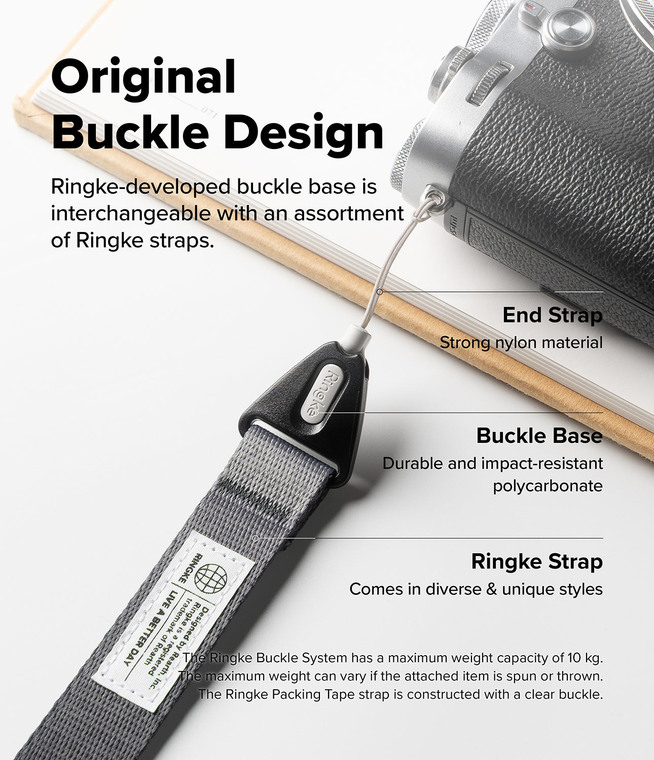 Design Hand Strap - Diagram showing a camera hand strap with labeled nylon end, polycarbonate buckle, and fabric strap.