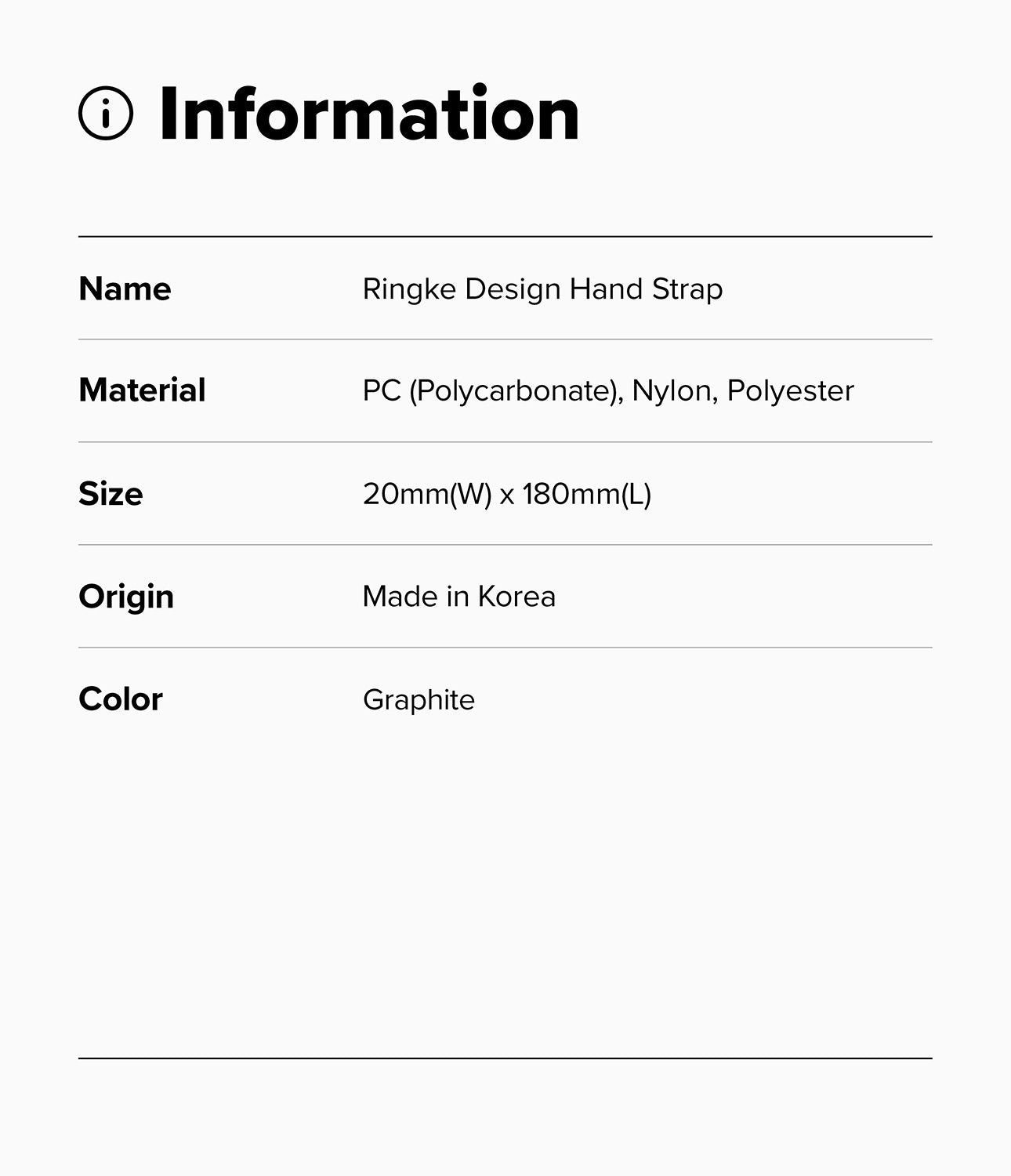 Design Hand Strap - Information table listing product name, material, size, origin, and graphite color.