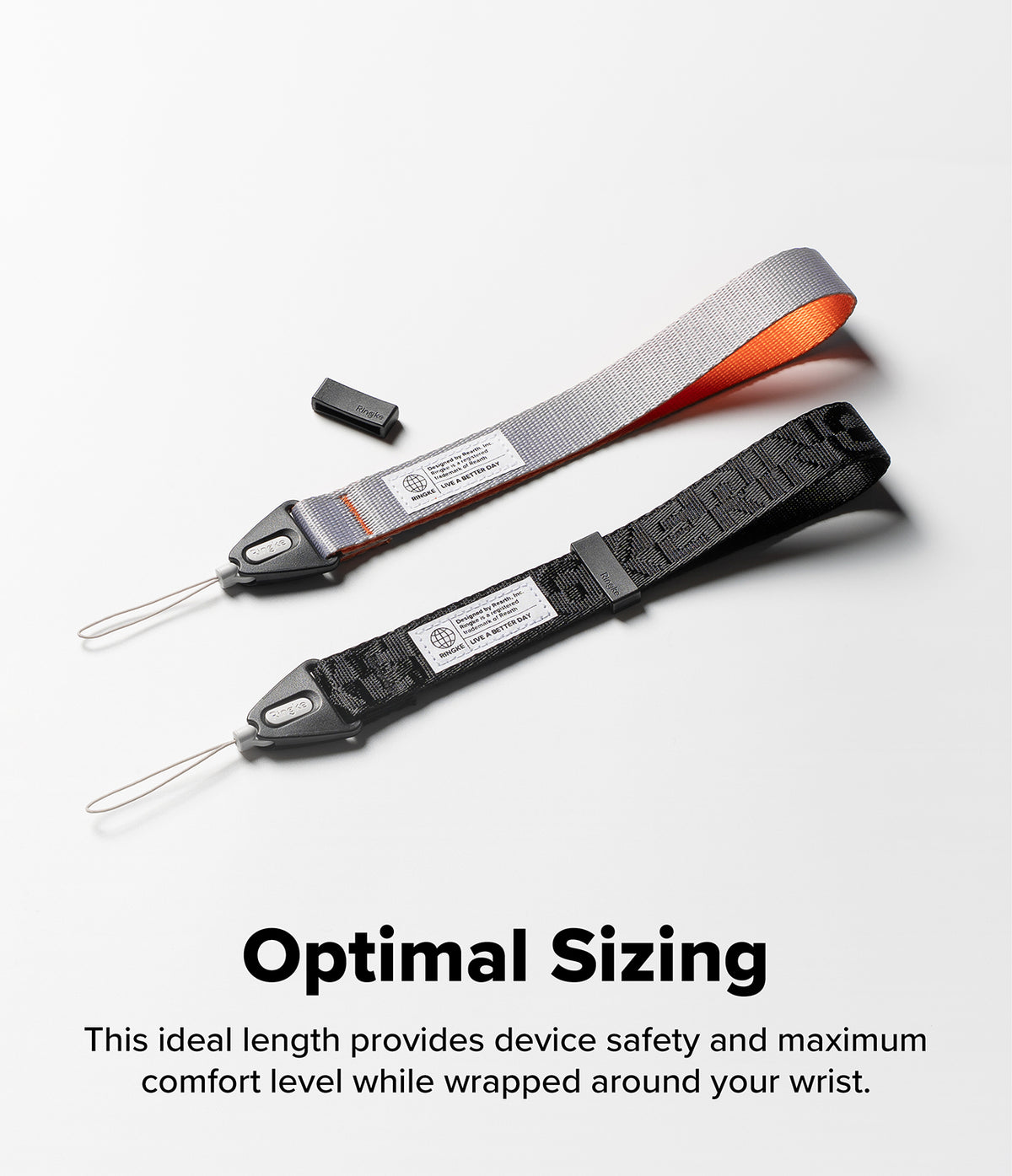 Hand Strap | Basic - Two Ringke wrist straps in gray and black with branded tags and loops on a white background.