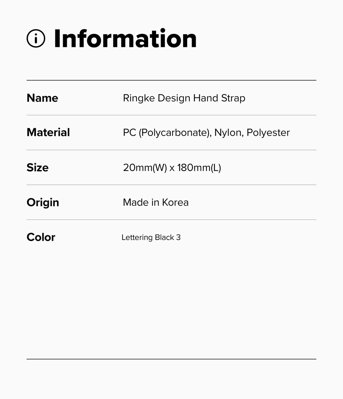 Hand Strap | Basic - Information table listing product name, material, size, origin, and color for the Ringke Design Hand Strap.