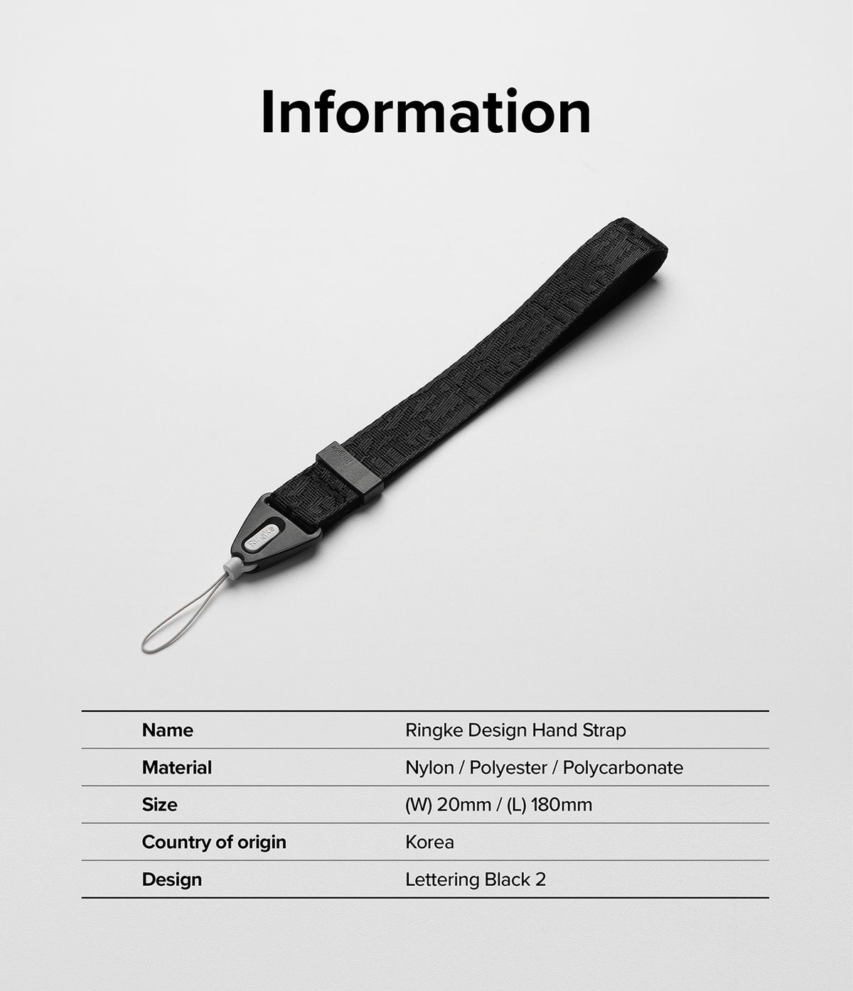 Hand Strap | Basic - Black Ringke hand strap with patterned nylon webbing and a table listing product specifications.