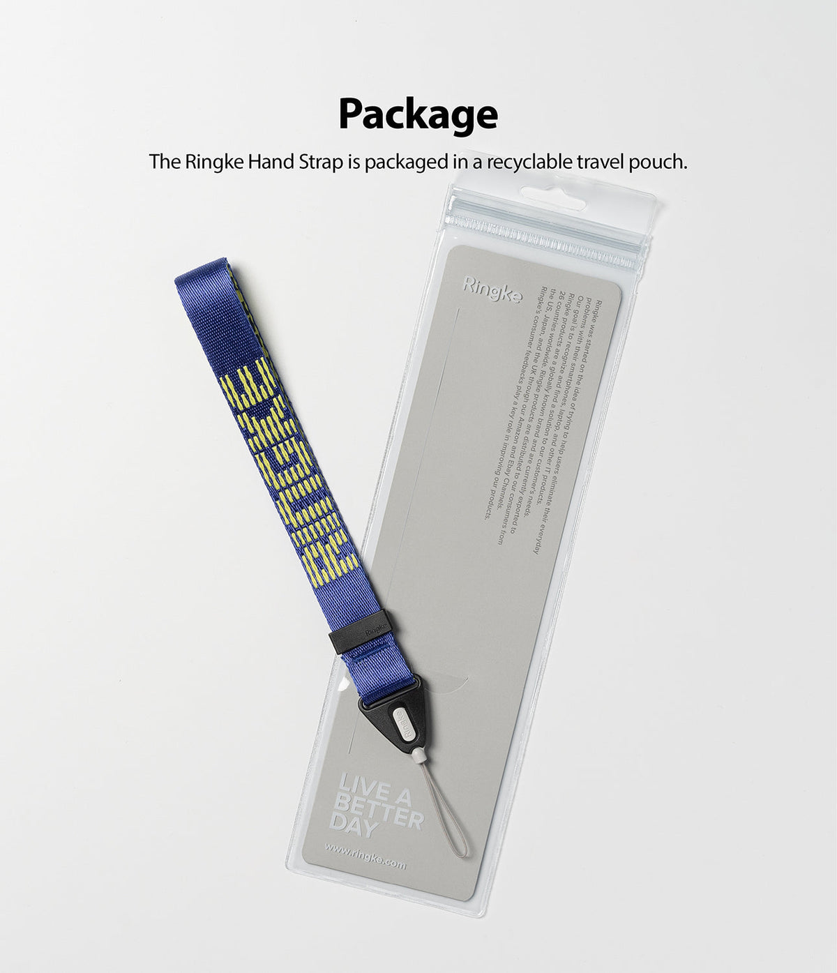 Hand Strap | Lettering - Blue fabric hand strap with yellow lettering resting on a clear plastic product pouch.