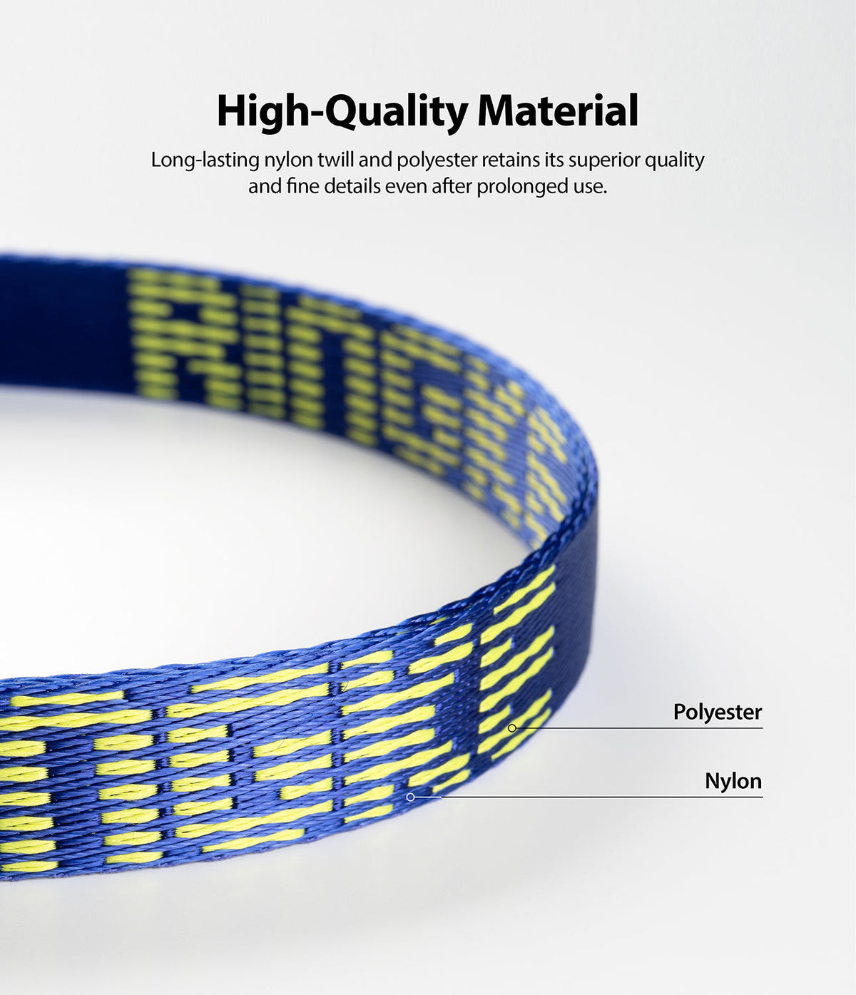 Hand Strap | Lettering - Blue nylon and polyester hand strap with yellow woven lettering, labeled to show material composition.