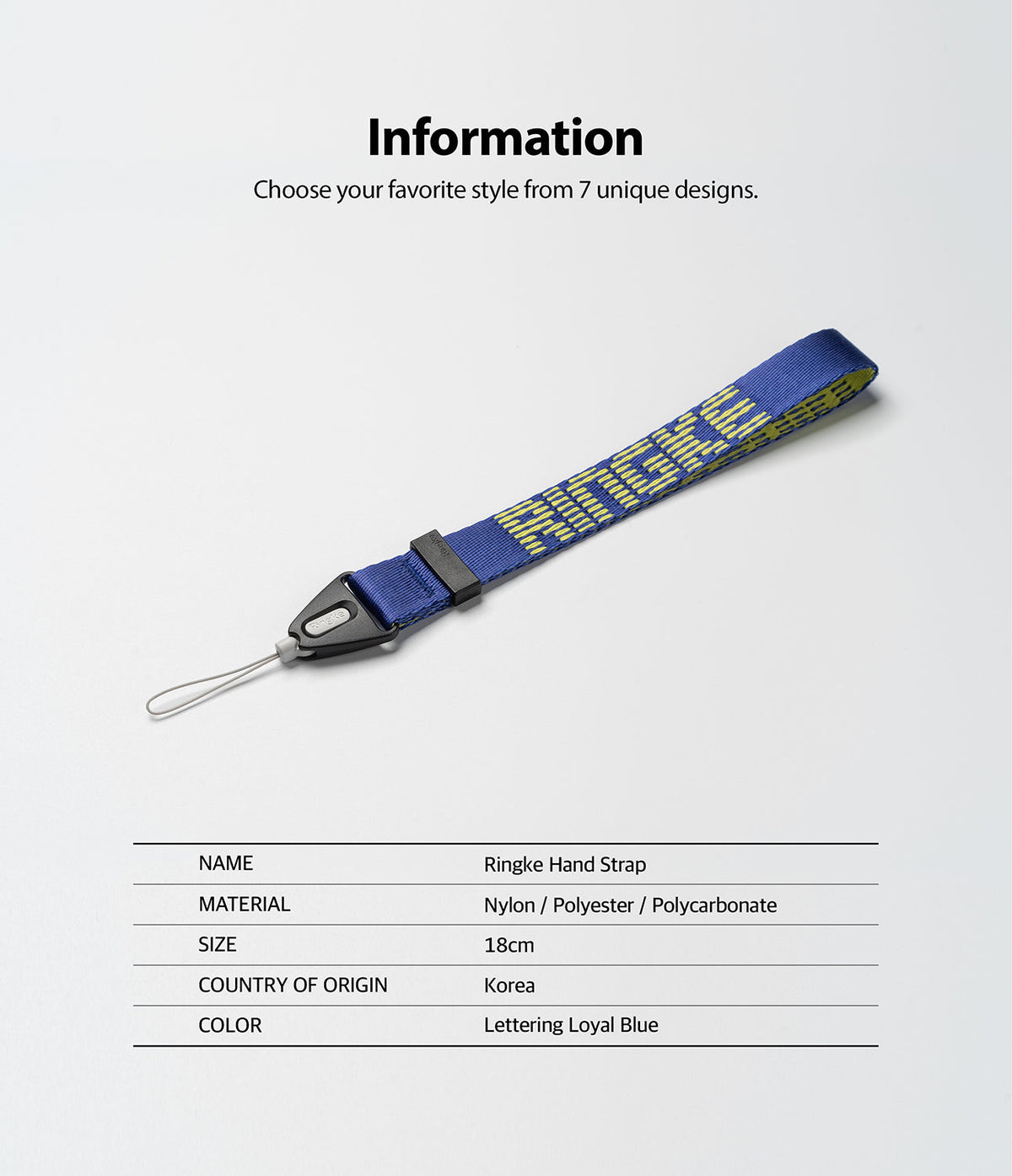 Hand Strap | Lettering - Blue nylon hand strap with yellow lettering and a black plastic connector on a white background.