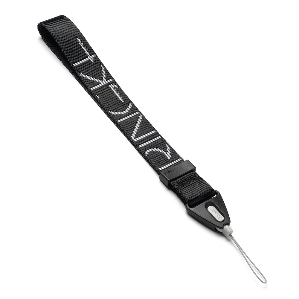 Hand Strap | Lettering - Black fabric wrist strap with white Ringke branding and a thin loop attachment on a white background.