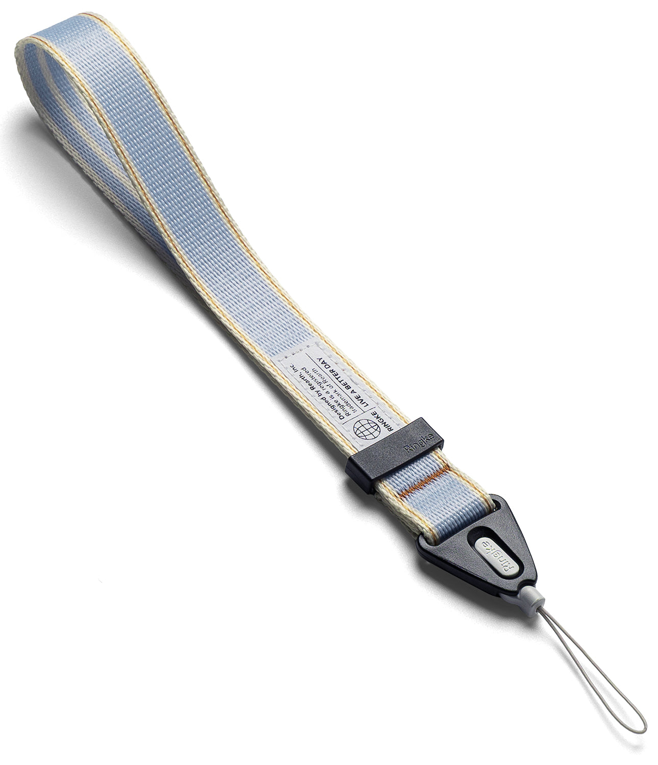 Design Hand Strap - Light blue woven wrist strap with yellow accents, black plastic connector, and a thin loop attachment.