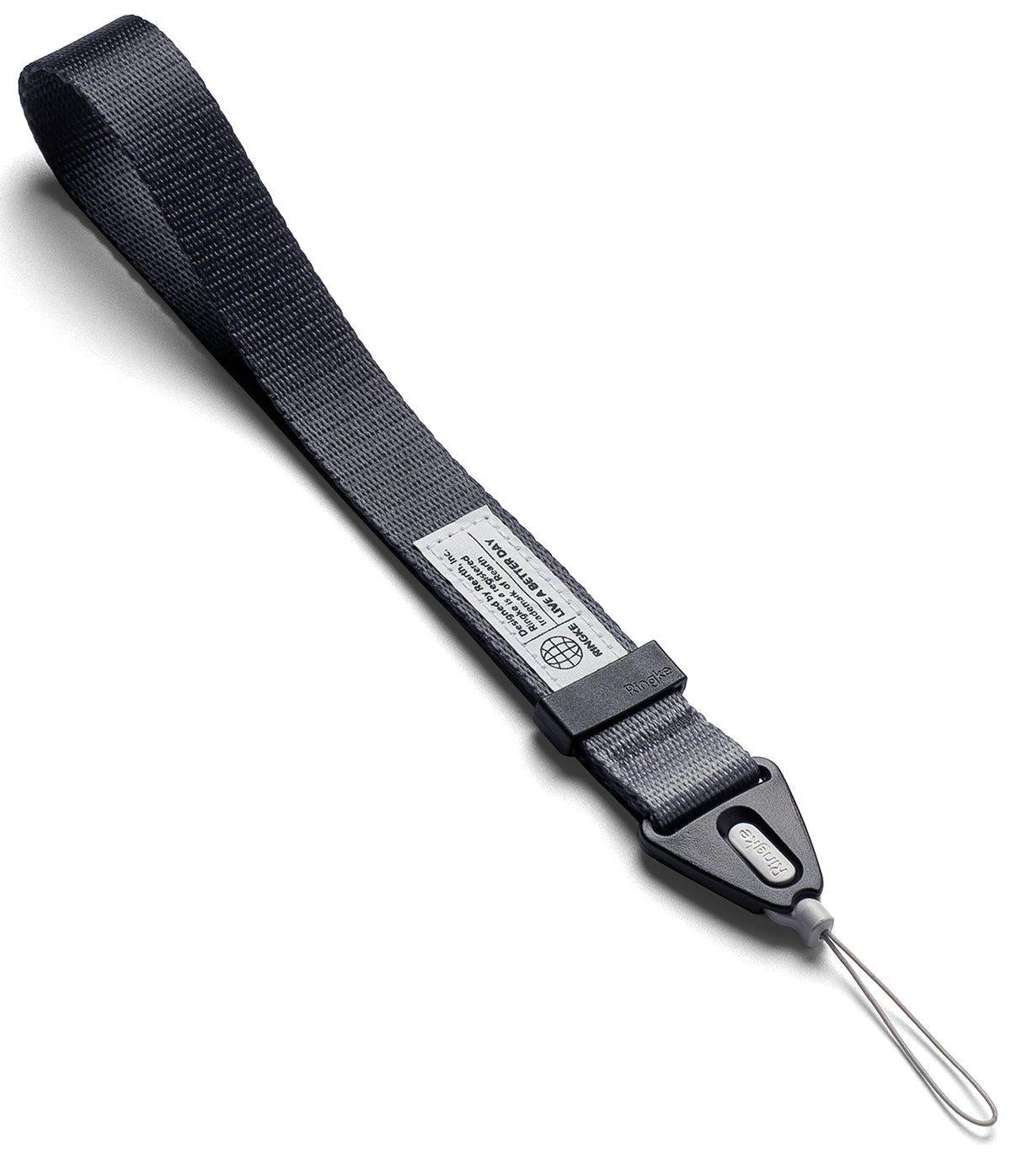 Design Hand Strap - A black fabric wrist strap with a Ringke branded plastic connector and a thin loop attachment.