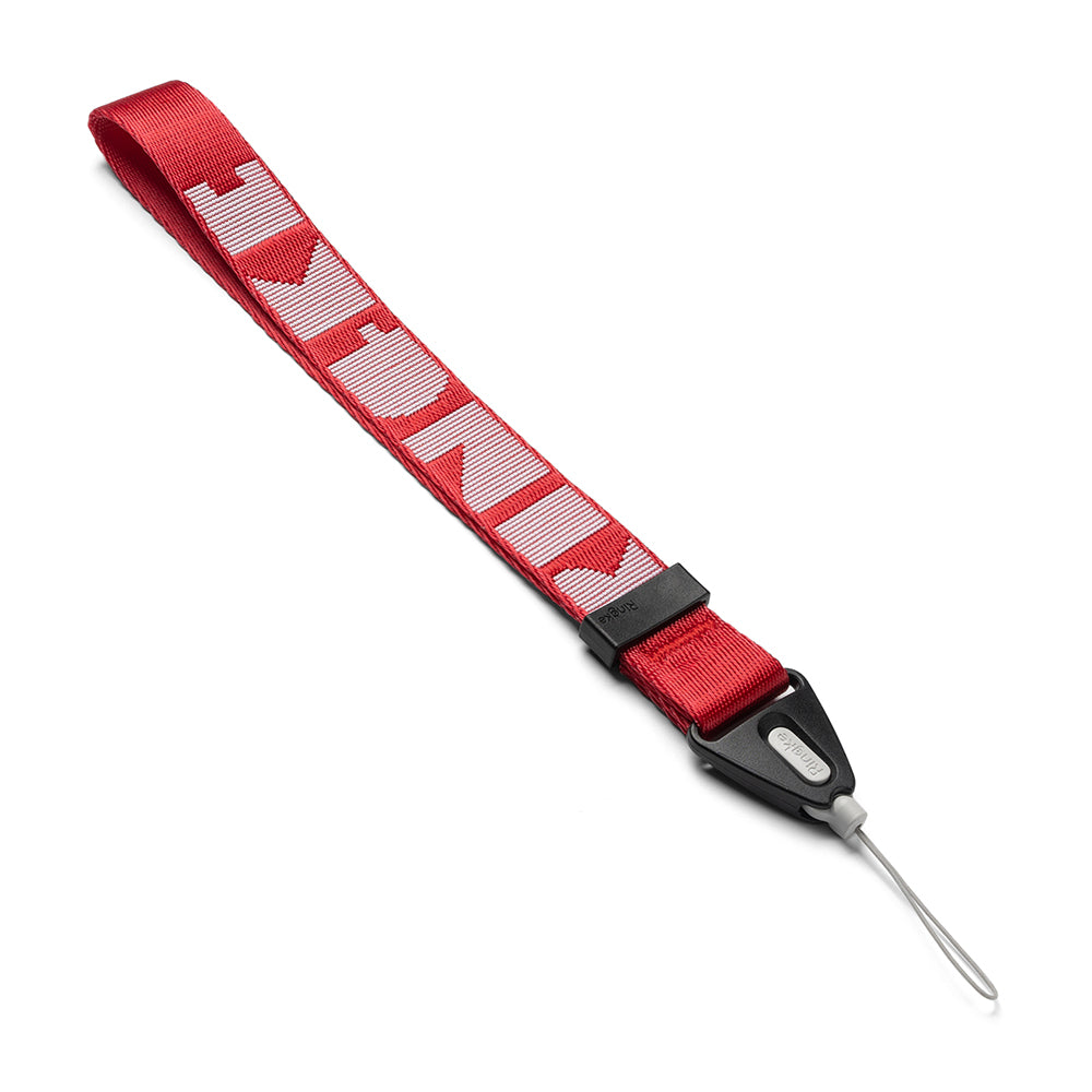 Hand Strap | Lettering - Red fabric wrist strap with white Ringke logo, black plastic connector, and thin gray loop.