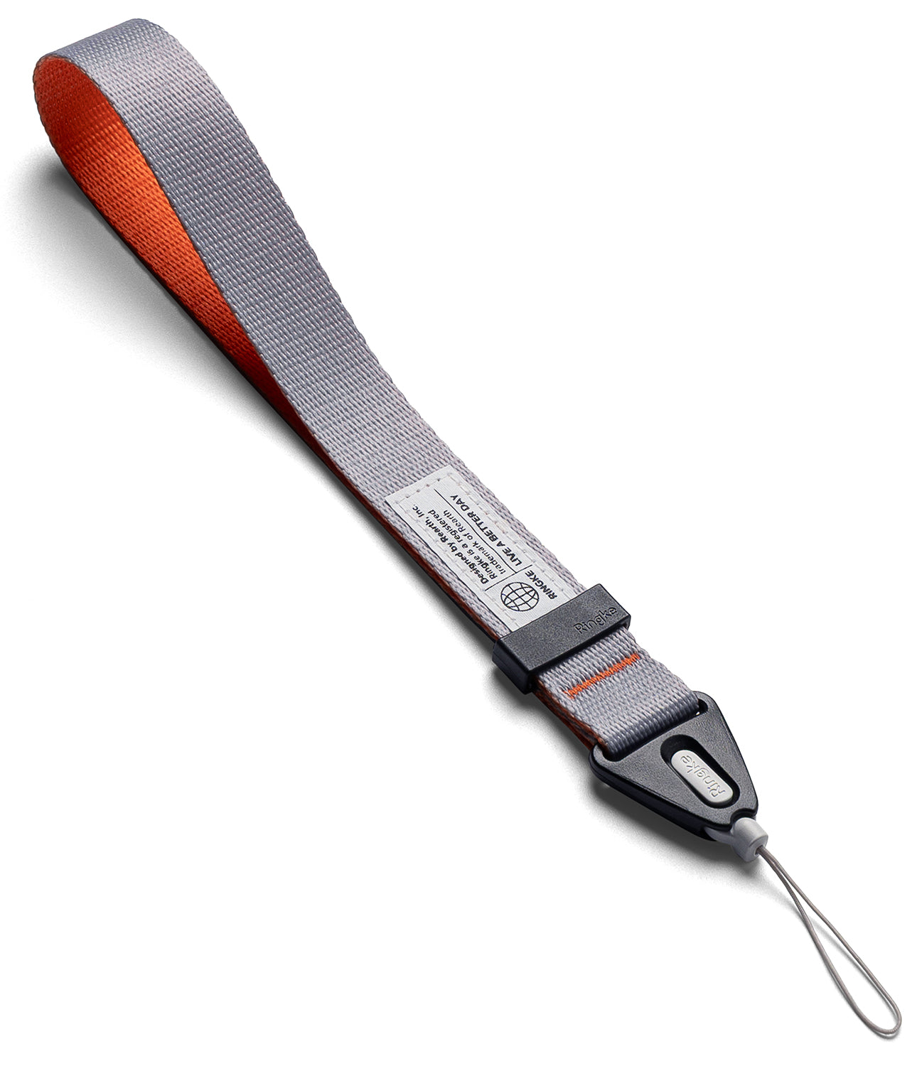 Design Hand Strap - Gray and orange fabric wrist strap with a black plastic connector and a thin loop for device attachment.