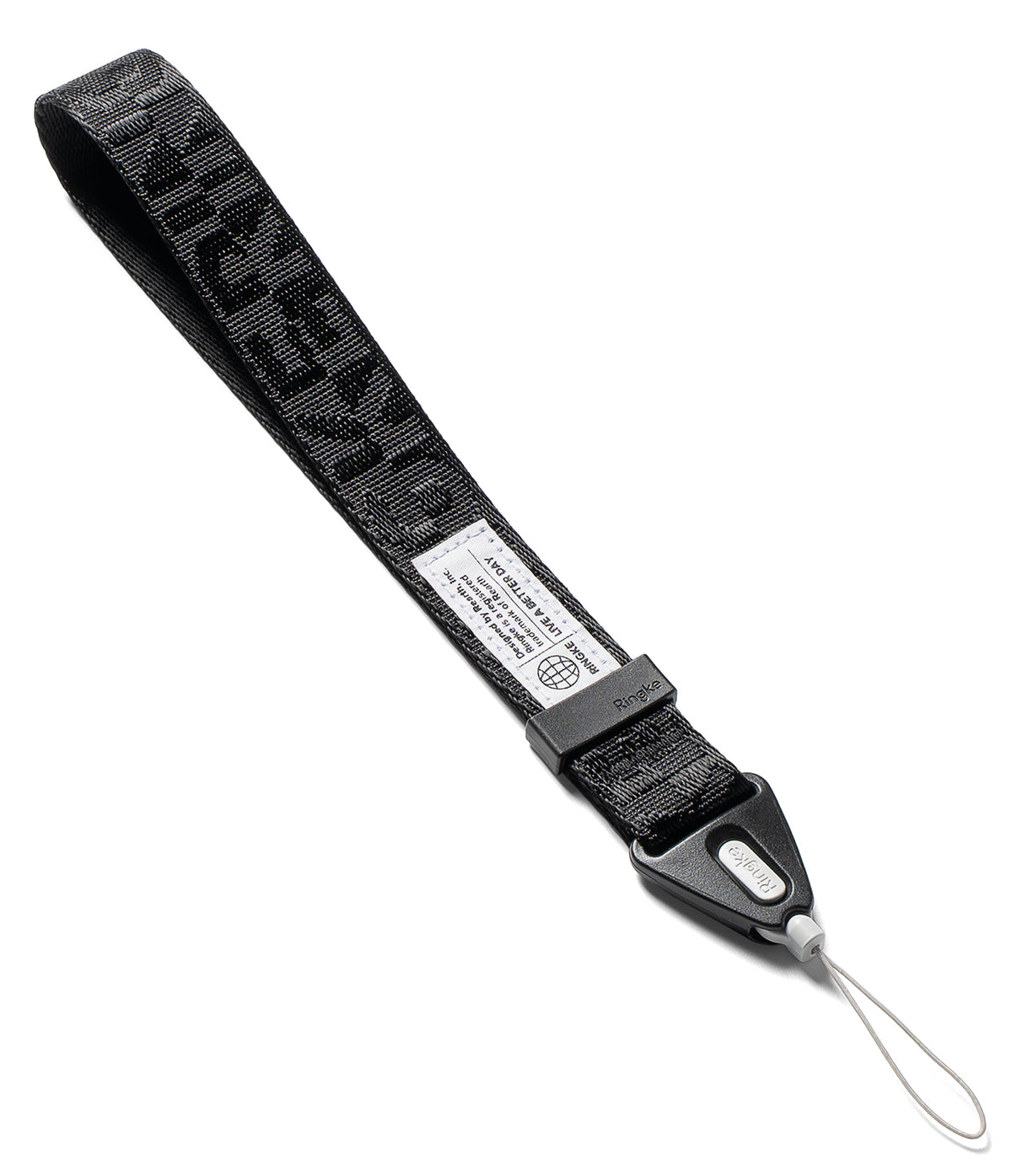 Hand Strap | Basic - Black woven wrist strap with Ringke branding, a white label, and a thin cord loop attachment.