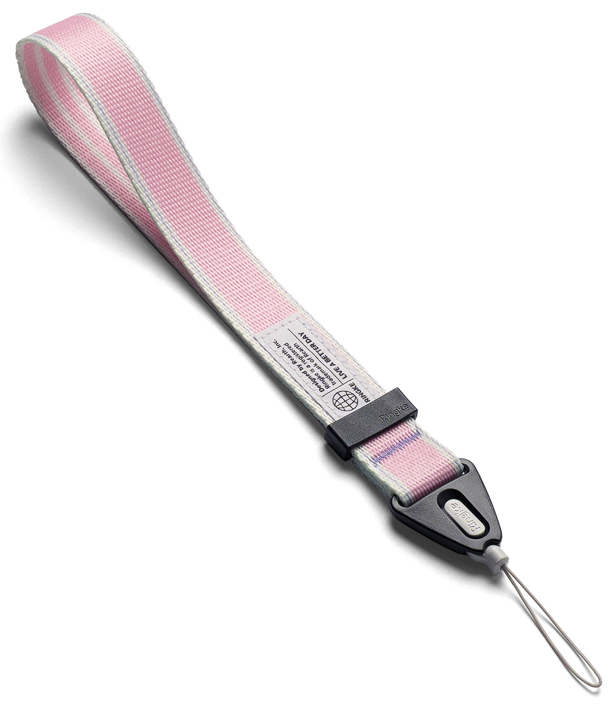 Design Hand Strap - Pink and white striped fabric wrist strap with a black Ringke connector and thin attachment loop.